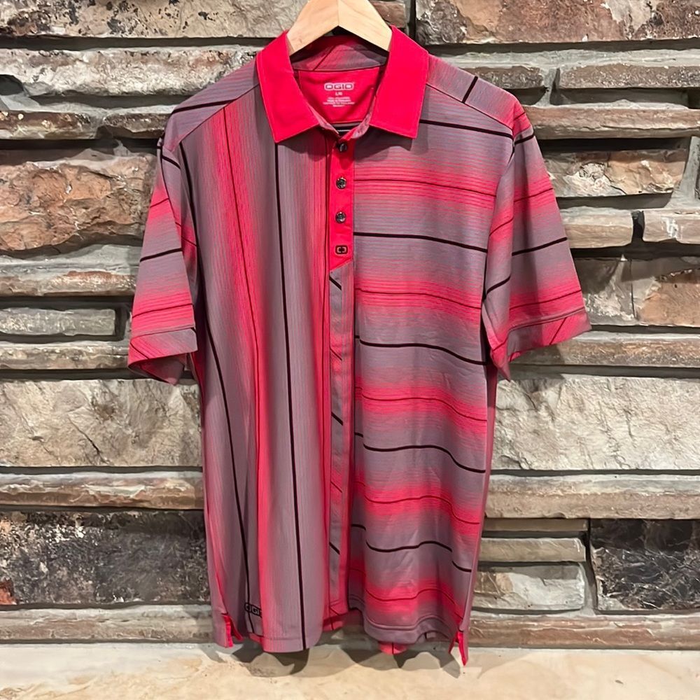 OGIO Magnaflux Slate and Flame Striped Golf Polo